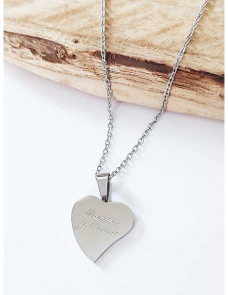 Collier Acier Inoxydable Pendentif Coeur Inscription Maman Je T Aime