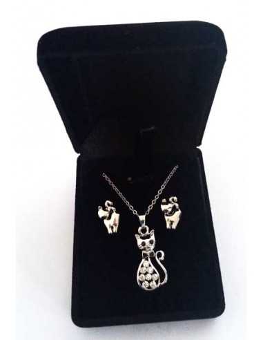 Parure en coffret collier pendentif chat serti de strass