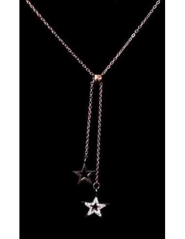 Collier acier gold rose pendentif double étoiles pendantes