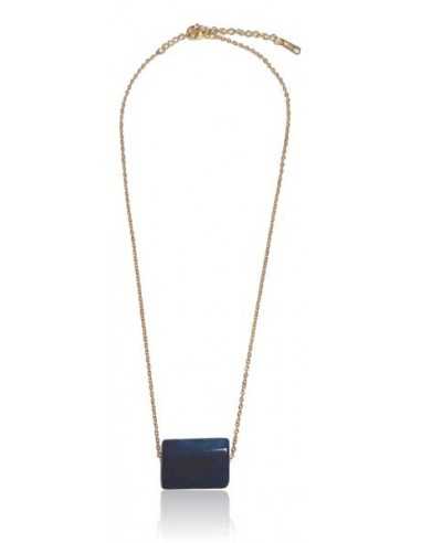 Collier acier inoxydable doré pendentif agate bleue rectangle