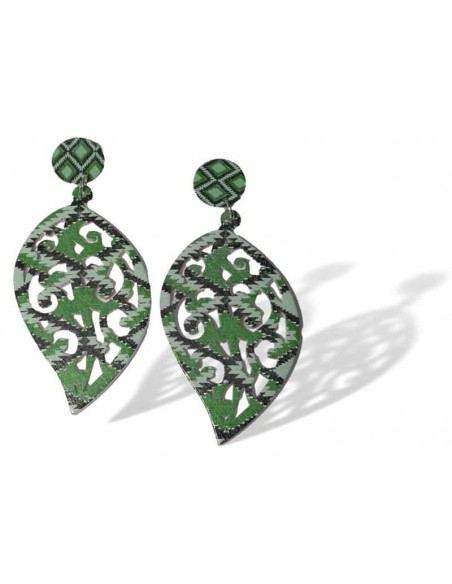 Boucles d'oreilles feuilles en bois avec motifs