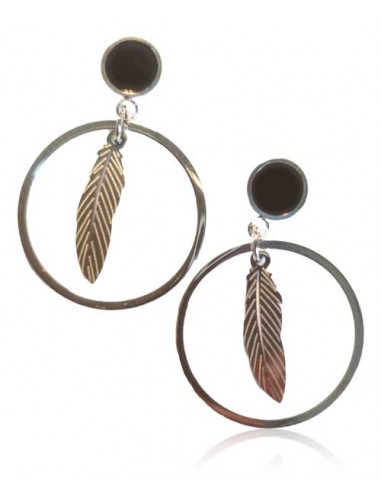 Creoles acier pendentif plume sur cabochon noir