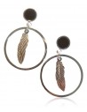 Creoles acier pendentif plume sur cabochon noir